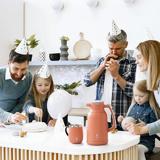 IDEUS Thermal Coffee Carafe 68oz (2,000ml), Stainless Steel Double Wall Insulated Vacuum Flask, Water Jug Coffee Server and Beverage Dispenser, Heat and Cold Retention (Coral, 68oz (2,000ml))