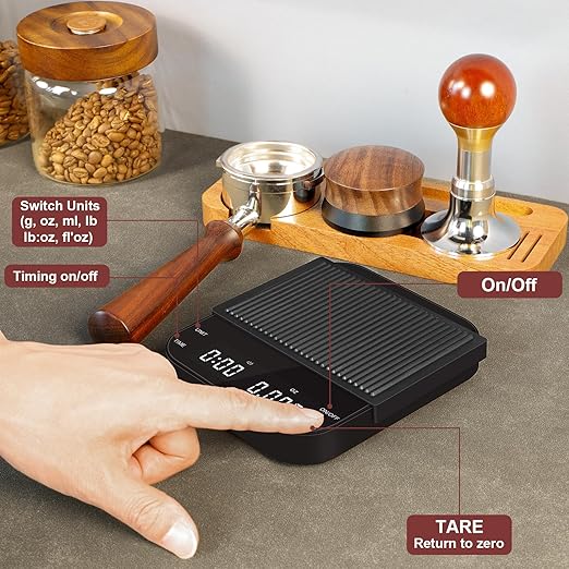 Coffee Scale with Timer, Kitchen, Digital, Rechargeable, Glass Mirror Design, for Pour-Over Barista, 0.3-3000g/0.1g