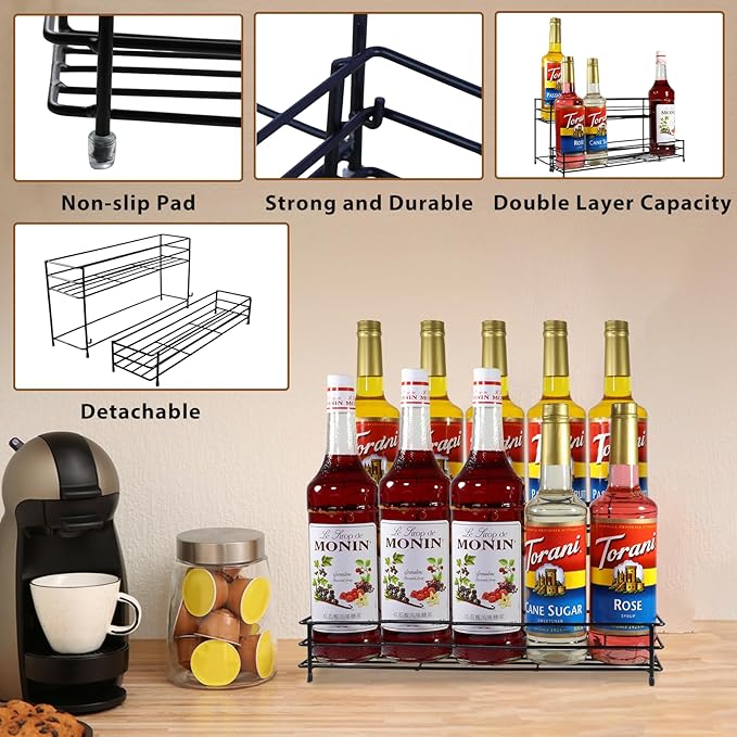 Coffee Syrup Organizer Rack 10 Bottles Syrup Bottle Holder Stand For Coffee Bar Accessories, 2 Tier Wine Bottle Storage Rack For Syrup, Wine, Liquor, Coffee Station Organizer For Kitchen Countertop