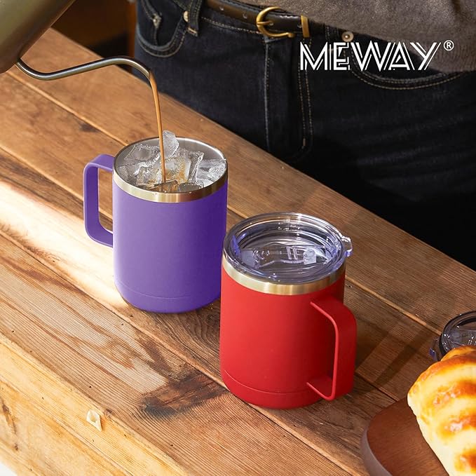 MEWAY 12oz Coffee Mug With Handle 4 Pack Bulk,Stainless Steel Insulated Travel Tumblers With Sliding Lid,Double Wall Vacuum Camping Cup for Hot & Cold Drinks Tea (Purple,Set of 4)