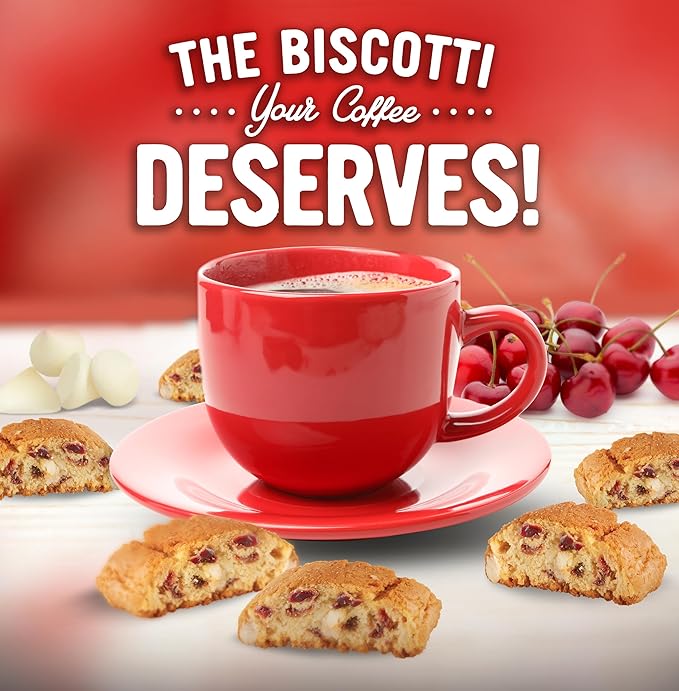 COOPER STREET Twice Baked Cherry White Chip Biscotti Cookies - Crispy Mini Biscotti Cookies Ideal with Coffee - Traditional Low Calorie Italian Snacks - Kosher, Dairy, Peanut & Soy Free (6 Pack)