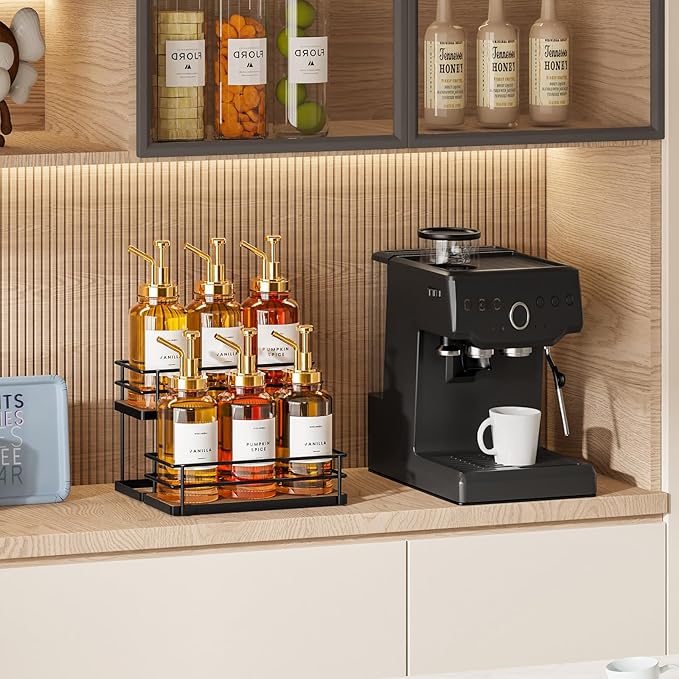 THYGIFTREE Coffee Syrup Rack Organizer 6 Bottle Syrup Holder Stand 2-Tier Storage Shelves for Kitchen Coffee Bar Station