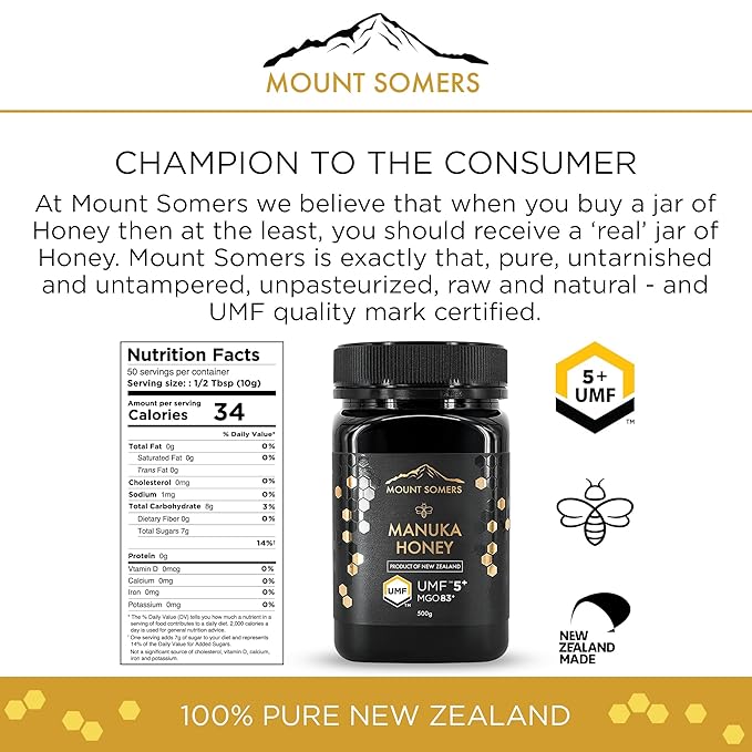 Mount Somers 100% Pure Premium Raw Manuka Honey - UMF 5+ / MGO 83+ 17.6oz (500g) Jar, Non GMO New Zealand Manuka Honey, Genuine Natural Superfood, Great Taste, UMF Certified