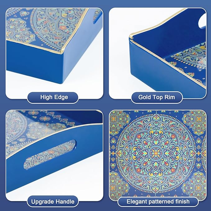 Gifturbo Decorative Tray for Coffee Table with Handles,Plastic Elegant Floral Rectangular Serving Tray for Ottoman,Living Room,Bathroom,Home Decor,Entertaining,2 Handles