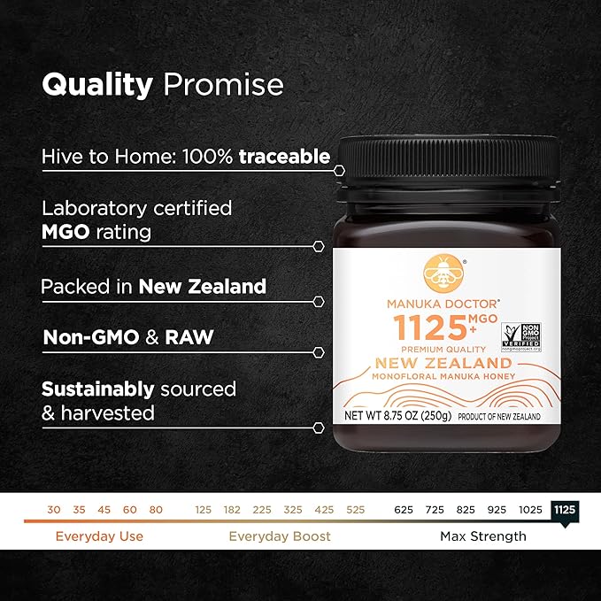 Manuka Doctor - MGO 1125+ Manuka Honey Monofloral, 100% Pure New Zealand Honey. Certified. Guaranteed. Raw. Non-GMO (8.75 oz)