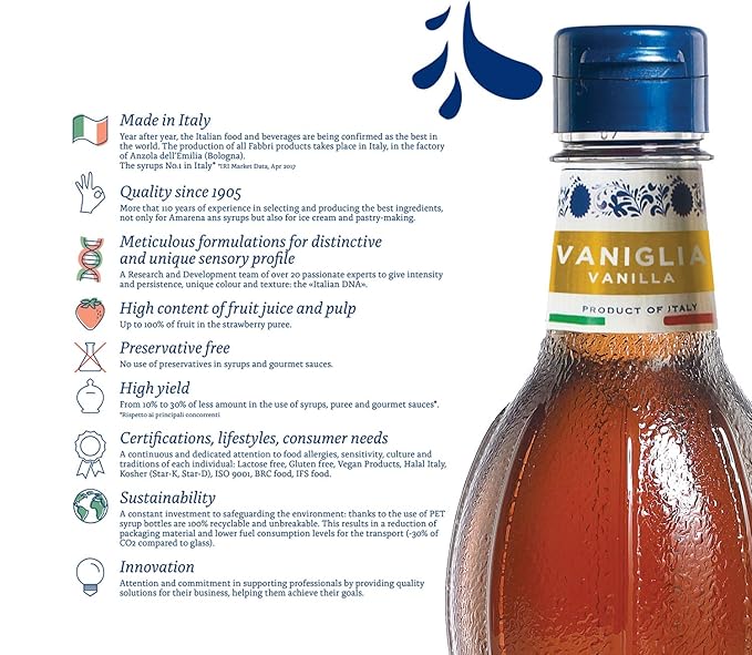 Fabbri Flavoring Syrup, Vanilla, Made in Italy, 33.8 Ounce (1 Liter)