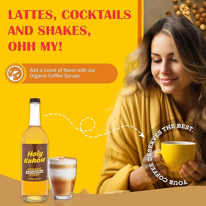Holy Kakow Cafe Organic Macadamia Syrup - Macadamia Coffee Syrup, Organic Syrup for Coffee, Latte, Cocktail and Shake, Real Food Ingredients - 750ml