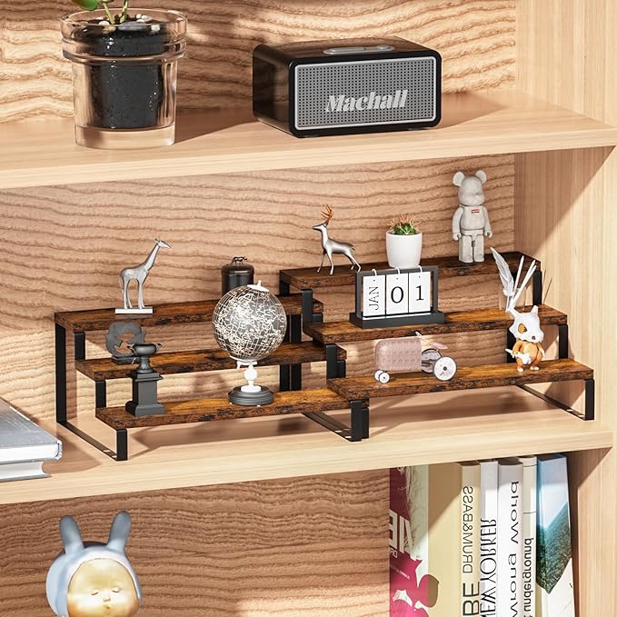 AUTARRONE Wooden Display Risers, 3-Tier Perfume Stand & Expandable Spice Rack Organizer, Cupcake Stand Holder & Display Shelf for Liquor, Figure & Dolls Collection (3-Tier, 2 Pack)