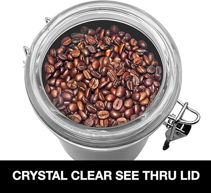 Oggi Stainless Steel Coffee Canister 62 fl oz - Airtight Clamp Lid, Clear See-Thru Top - Ideal for Coffee Bean Storage, Ground Coffee Storage, Kitchen Storage, Pantry Storage. Large Size 5" x 7.5".