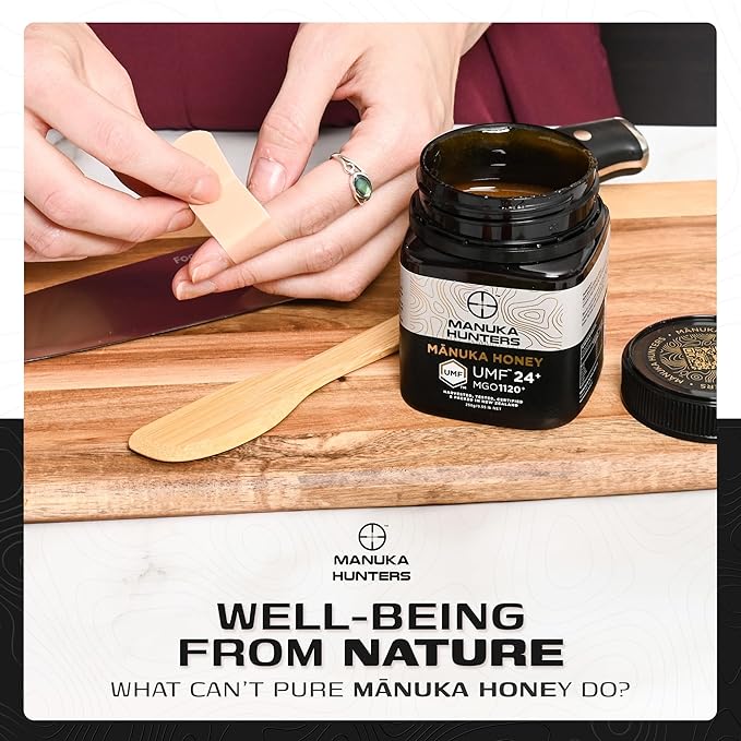 Manuka Hunters UMF 24+/MGO 1120+ Certified New Zealand Manuka Honey - 100% Pure Natural Sweetener - Gluten, Dairy Free - Ideal for Tea, Coffee, Smoothies, and Baking - Sustainable - 8.8oz/250g Jar