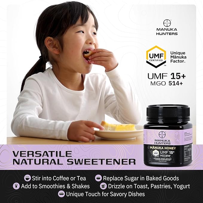 Manuka Hunters UMF 15+/MGO 514+ Certified New Zealand Manuka Honey - 100% Pure Natural Sweetener - Gluten, Dairy Free - Ideal for Tea, Coffee, Smoothies, and Baking - Sustainable - 8.8oz/250g Jar