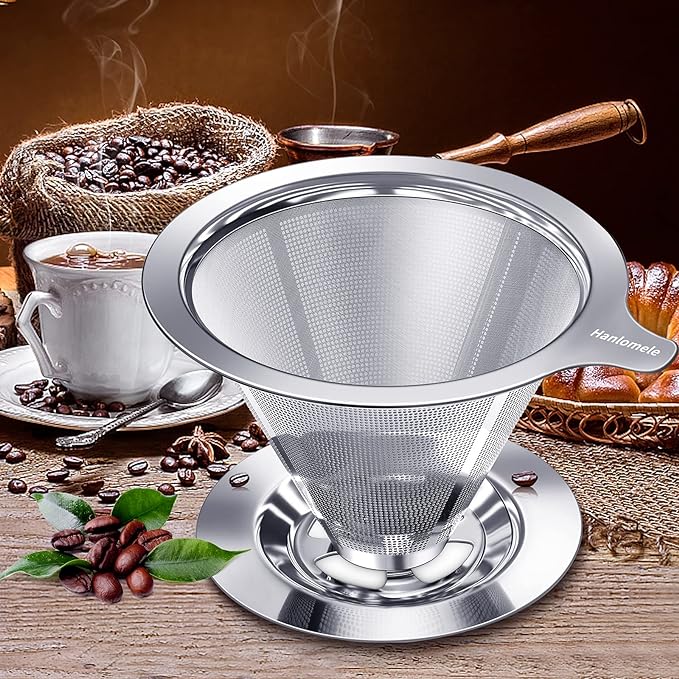 Pour Over Coffee Dripper, Paperless Reusable Coffee Filter, Pour Over Coffee Maker for Single Cup Brew, Double Mesh Design of Stainless Steel Cone Filter for Perfect Extraction (1-2 Cup)