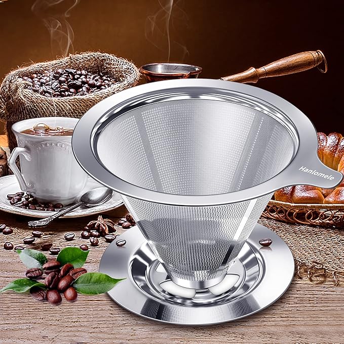 Pour Over Coffee Dripper, Paperless Reusable Coffee Filter, Pour Over Coffee Maker for Single Cup Brew, Double Mesh Design of Stainless Steel Cone Filter for Perfect Extraction (1-4 Cup)