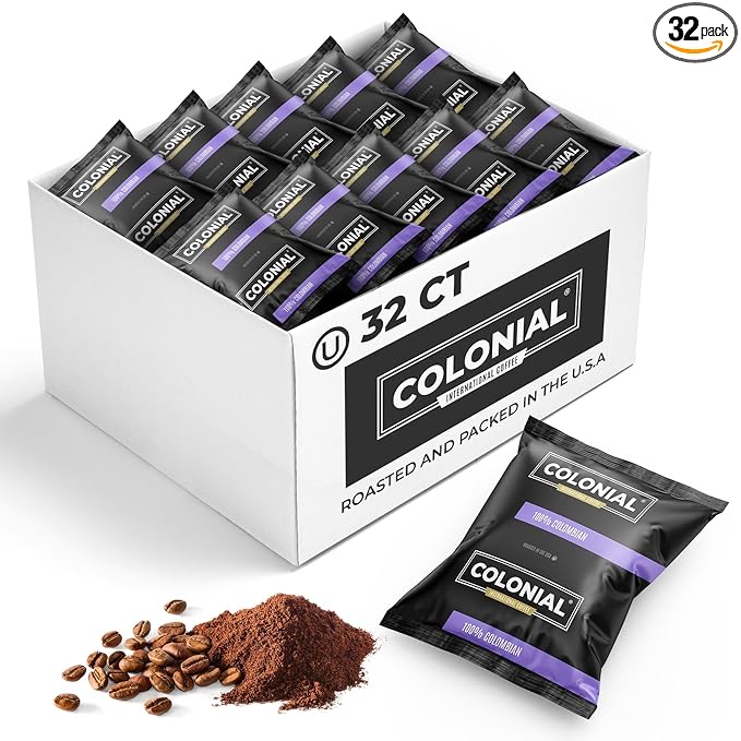 Colonial Coffee 32 Count Single Pot Coffee Packets – 100% Arabica Colombian Medium Roast | Pre-Measured Frac Packs for 12 Cup Maker | Bulk Ground Gourmet Coffee for Home & Office