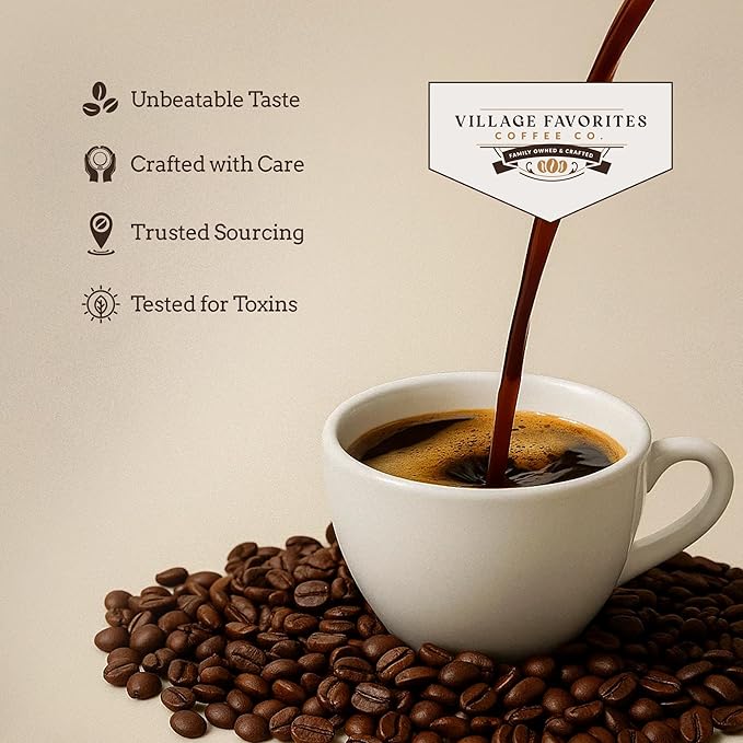 Village Favorites Flavored Coffee – Low Acid, Mold-Free, 100% Arabica, Slow Roasted Medium Roast, Smooth & Stomach Friendly, Ground, 1LB Bag (16oz)- Kosher (16oz, Toasted Coconut Crème)