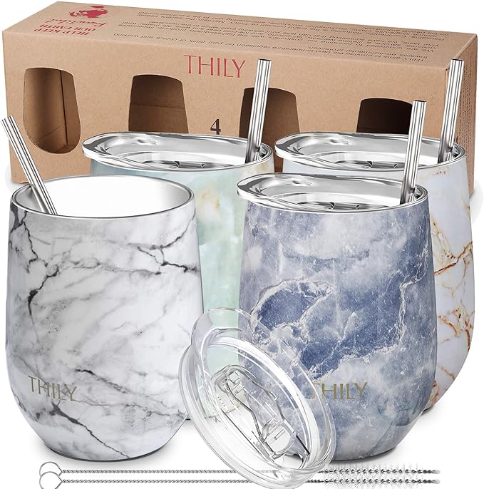 THILY Stainless Steel Stemless Wine Tumbler 4 Pack Vacuum Insulated Travel Wine Glasses with Sliding Lids and Straws, 12 oz, Keep Cold for Juice, Coffee, Beer, 4 Different Marbles Set