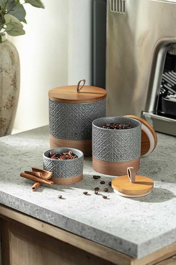 Small Ceramic Jar with Lid, Coffee Container Kitchen Food Storage Jars for Sugar Tea Bag, Stackable Decorative Spice Jars for Countertop Coffee Bar Accessories- Gray & 5 fl.oz