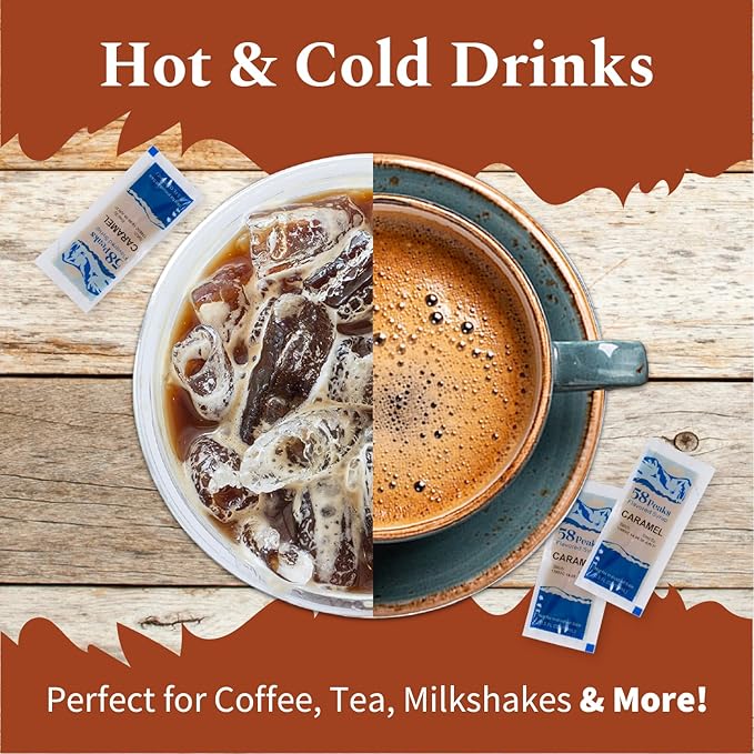 58Peaks Caramel Flavored Syrup Sweetener Packets for Hot and Cold Drinks | To-Go Syrup Flavoring Perfect for Coffee, Tea, Milkshake and More | Flavored Coffee Syrups for Travel | 15mL | 50-Pack