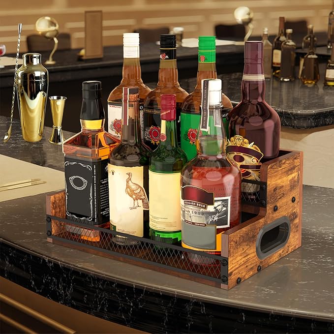 Liquor Bottle Display Shelf, Coffee Syrup Rack Organizer, 2 Step Countertop Liquor Wine Rack, 8 Bottles Coffee Station Organizer with Fences & Handles, Home Retro Bar Shelf Stand for Liquor Whiskey