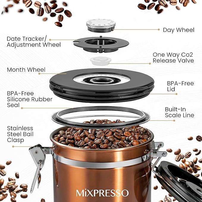 Mixpresso 16 Oz Copper Coffee Canister, Stainless Steel Airtight Coffee Container, Ground and Bean Storage with Date Tracker, Vacuum Sealed Espresso Airtight Container, Sugar Container