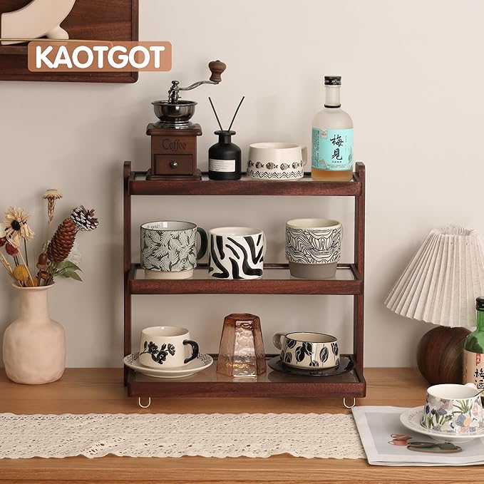 Coffee Mug Holder Wooden Cup Rack,3-Tier Acrylic Home Coffee Mug Display Rack for Kitchen Countertops, Coffee Bars, for Placing Mugs, Coffee Beans, Syrup, Cups, Stirrers