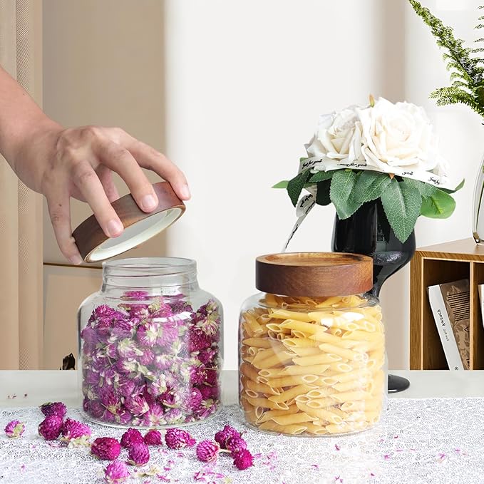 Glass Coffee Jars Spice Jar Round Storage Canister with Wooden Lid Clear Glass Food Jar for Pantry Sugar Tea Coffee Bean Spice Nuts Cookies Bath Salts (1200ml/40oz-1 Pack)