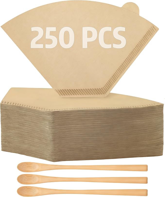 250 Count Coffee Filter #2, #2 Coffee Filters Disposable with 3 Wooden Coffees Spoons, Unbleached Natural#2 Coffee Filters Cone, Organic Cafe Filter NO.2 for Drip and Pour Over Coffee & Tea(2-6 Cup)