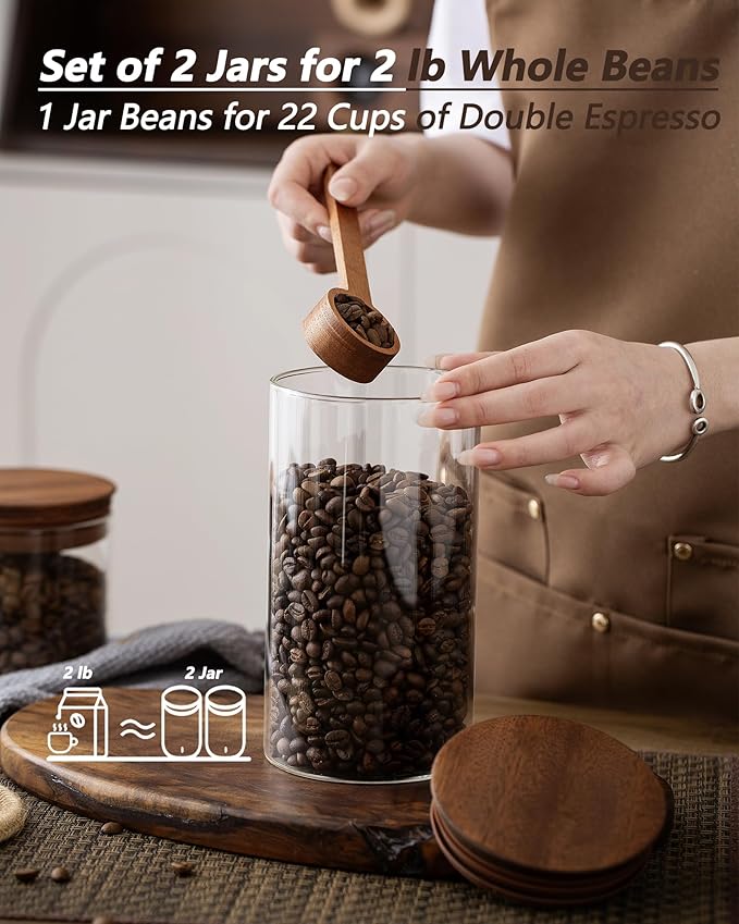 37 oz Coffee Canister with Scoop and Wooden Lids, Airtight Storage Container Sets of 2 for Ground Coffee & Beans, Glass Jars for Coffee Bar Organizer, Kitchen Countertop