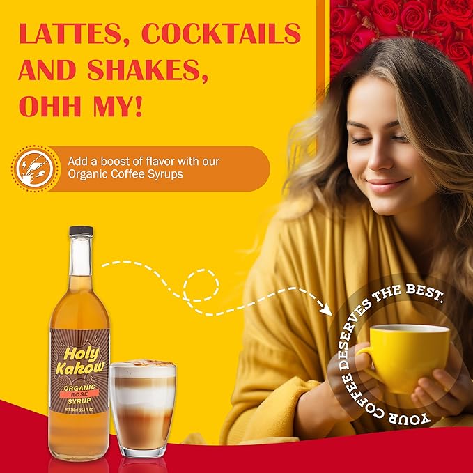 Holy Kakow Cafe Organic Rose Syrup - Rose Syrup, Coffee Syrup, Organic Syrup for Coffee, Rose Syrup for Coffee, Add to Latte, Cocktail and Shake, Real Food Ingredients, Specific Flavor - 750ml
