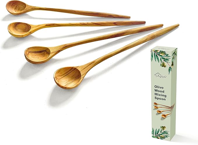 WONDERFUL 100% Natural Olive Wood Long Handle Spoons for Coffee, Tea, Milkshake Kitchen Stirring, Cocktail Stirrer; Mixing Honey Spoon, Chef Tasting Spoons(color box)