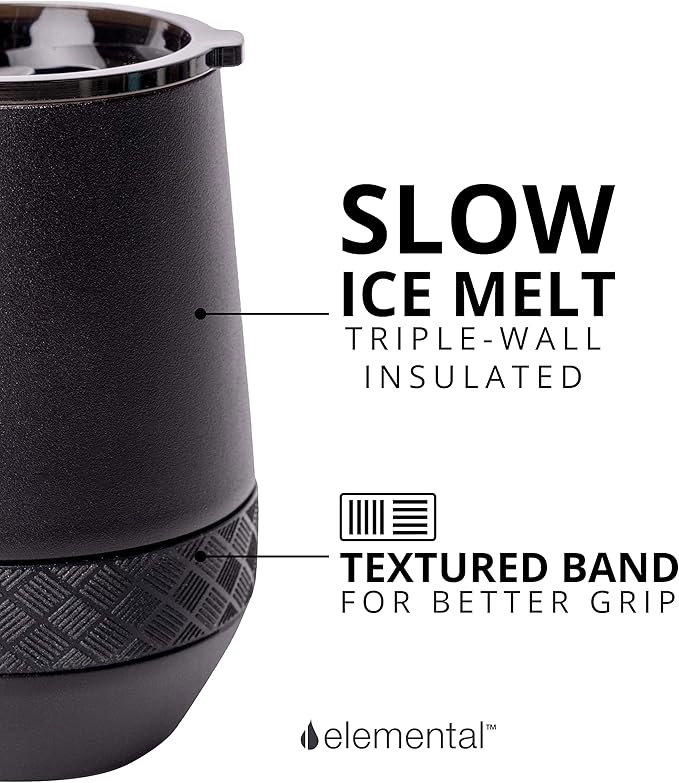 Elemental Recess Wine Tumbler - Triple Wall Insulated Stainless Steel Coffee Mug for Hot & Cold Drinks - Portable Cup with Shatterproof Sip Lid for Camping, Outdoor & Travel - 10oz - Black
