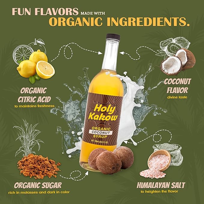 Holy Kakow Cafe Organic Coconut Syrup - Coconut Coffee Syrup, Organic Syrup for Coffee, Latte, Cocktail and Shake, Real Food Ingredients - 750ml
