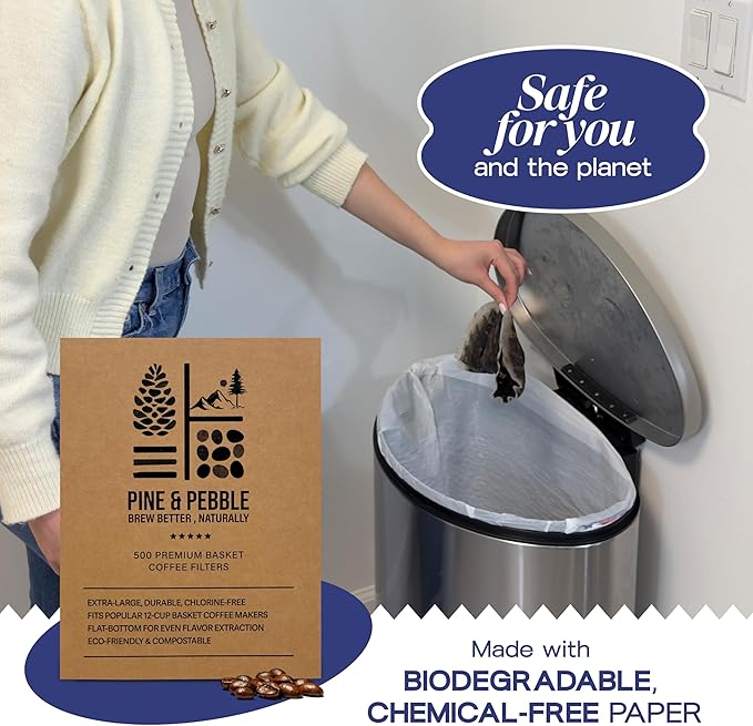 Pine & Pebble® Large Coffee Filters (500 Ct) | Tall-Walled Basket Style (9.84" x 4.33") | No Grounds, No Mess | Fits BUNN & 12-Cup Commercial Brewers | Ideal for Home, Office & Cafés