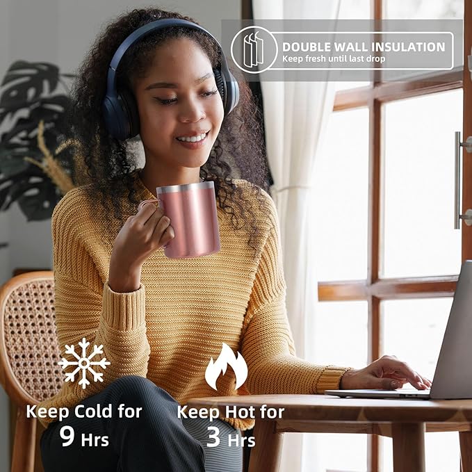 Volhoply 12oz Insulated Leakproof Coffee Mug with Flip & Straw Lid Bulk 4 Pack,Double Wall Vacuum Stainless Steel Travel Tumbler Cup with Handle,Camping Mugs Keep Cold/Hot(Rose Gold,4 Set)