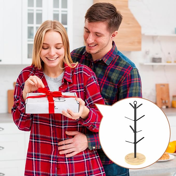 simesove Coffee Mug Holder, Non-Slip Cup Tree with 8 Hooks, Wood Stand Organizer for Counter, Bar and Kitchen Home Decor (Natural)