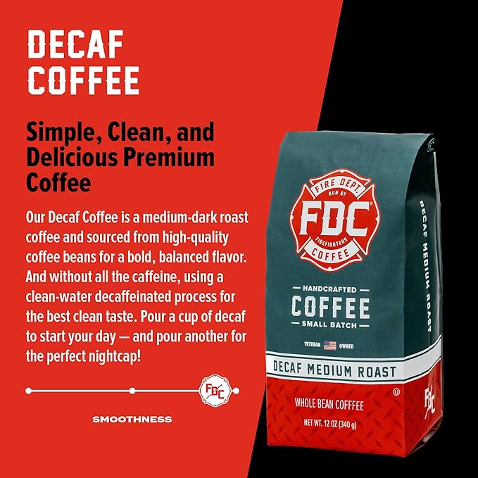 Fire Department Coffee - Gives Back to Firefighters - Premium Whole Bean Decaf Coffee - Roasted in the USA - Decaffeinated Using Natural Mountain Water - Veteran Owned -12 oz