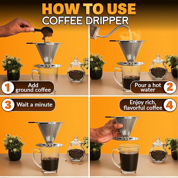 Stainless Steel Pour Over Coffee Maker - 3.18x4.48" Pour Over Coffee Dripper with Wide Secure Base, Large Plastic Handle, and Brush for Easy Cleaning – Ensures Well-Balanced, Clean Flavor