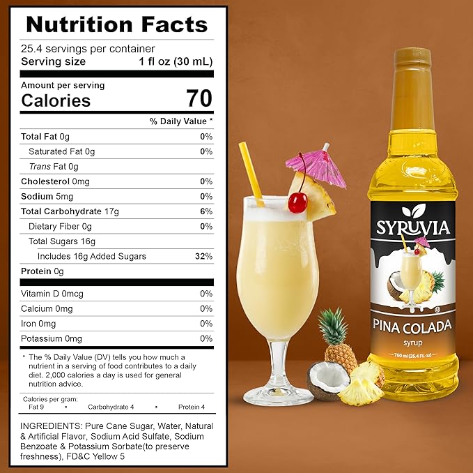 Syruvia Pina Colada Syrup, Flavored Syrup for Cocktails, Drinks, Lemonades, Iced Teas, and Desserts – 25.4 fl oz, With Pump