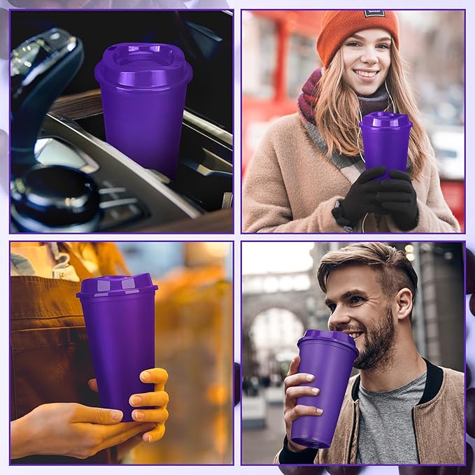 Domensi 15 Pack Reusable Coffee Cups with Lids 16 oz Disposable Travel Cups Bulk Plastic to Go Coffee Tumblers for DIY Hot Cold Drink Party Favors Coworker, Microwaveable (Purple)