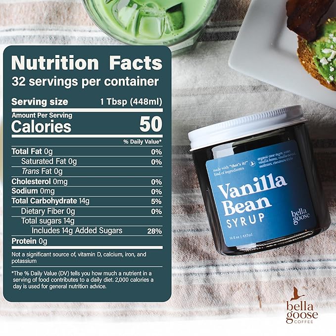 Bella Goose Vanilla Bean Coffee Syrup Jar (16oz) - Homemade Pure Cane Sugar Syrup for Lattes, Mocha, Desserts, & Ice Cream - Clean Ingredient - No Artificial Flavors, Oils, Dyes, or Preservatives Syrups for Coffee Drinks