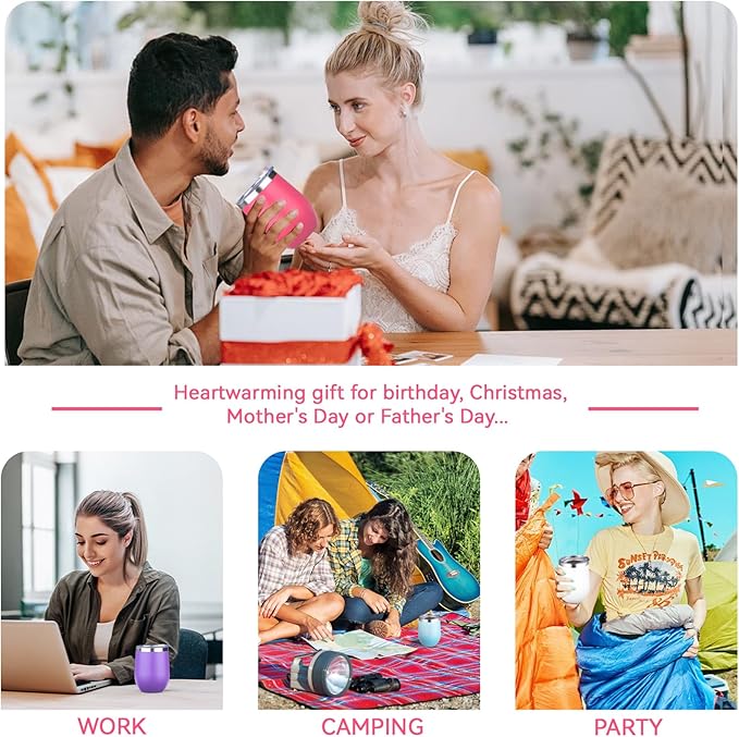 12oz/4 Pack Stainless Steel Wine Tumbler with Lid and Straw, Double Wall Vacuum Insulated Wine Tumbler Glasses, Stemless Travel Mugs for Hot and Cold Drinks, Coffee, Wine, Cocktails