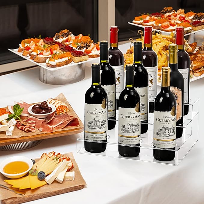 Frcctre 9 Bottles Acrylic Coffee Syrup Organizer Rack, 3 Tier Acrylic Wine Bottle Holder Coffee Syrup Display Stand Shelf Countertop Tiered Storage Holder for Syrups Wine Dressing