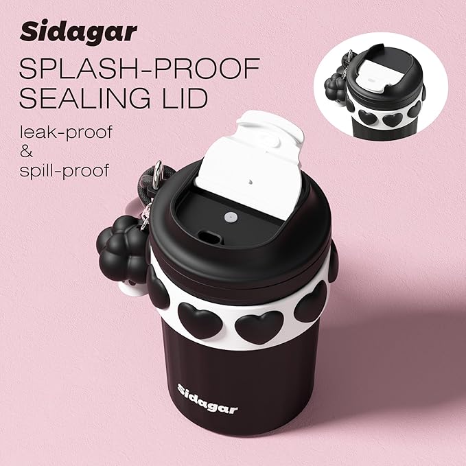 12 oz Travel Coffee Mug Spill Proof Leak Proof, Stainless Steel Thermal Coffee Cup with Lid, Resuable Cup for Hot and Cold, Portable Tumbler for Women, Black