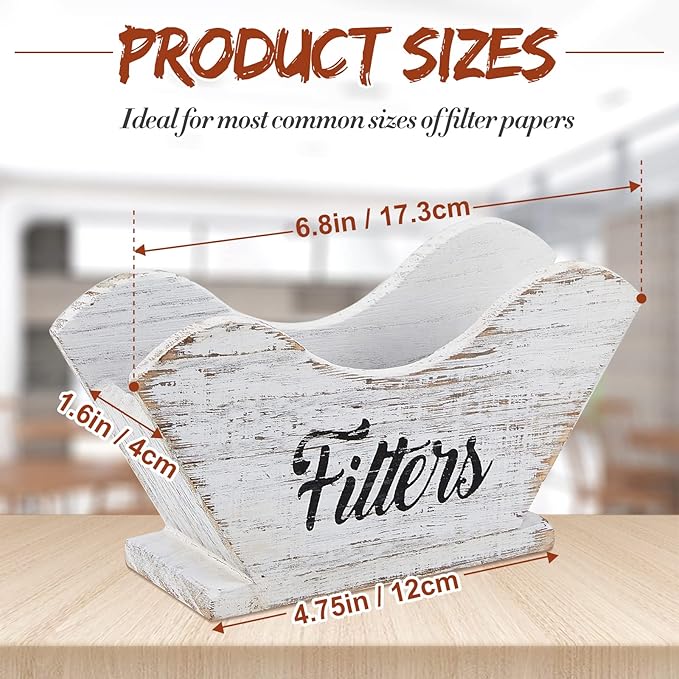 Juexica Farmhouse Cone Coffee Filter Holder Storage number 4 Rustic Wood Holder Organizer Counter Mount for Square Cone Shaped Flat Bottomed Paper(White)