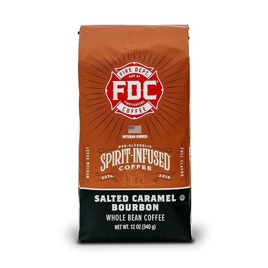 Fire Department Coffee - Salted Caramel Bourbon Coffee - Gives Back to Firefighters - Premium Bourbon Infused - Whole Bean Medium Roast - Non-Alcoholic - Roasted in the USA - Veteran Owned - 12 oz