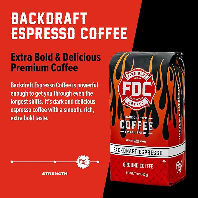 Fire Department Coffee - Gives Back to Firefighters - Backdraft Espresso Ground Coffee - Smooth & Rich - Roasted in the USA - Handcrafted with Premium Coffee Beans - Veteran Owned - 12 oz