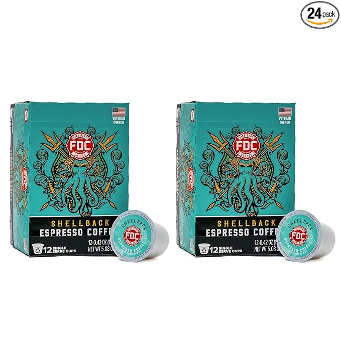 Fire Department Coffee - Gives Back to Firefighters - Shellback Espresso Coffee Pods - Bold & Smooth - Roasted in the USA - Premium Espresso K Cups - Veteran Owned - 24 Single Pods