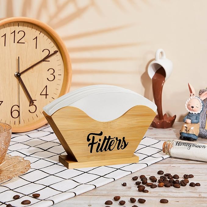Juexica Farmhouse Cone Coffee Filter Holder Storage number 4 Rustic Wood Holder Organizer Counter Mount for Square Cone Shaped Flat Bottomed Paper(Bamboo Color)