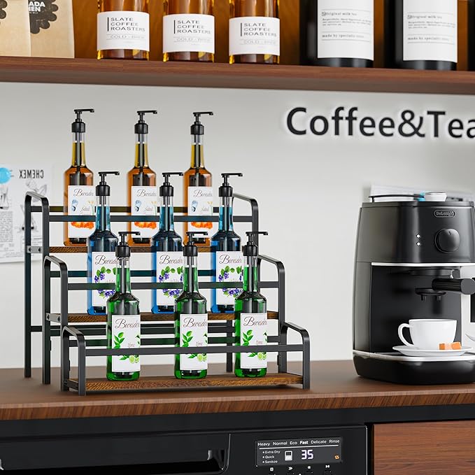 Coffee Syrup Rack Organizer, Wine Racks, Spice Racks, 3-Tier (Magnetic Connection) 12 Bottles Storage Shelves for Syrup Bottle Holder Stand for Coffee Bar, Kitchen Countertop, Rustic Brown & Black