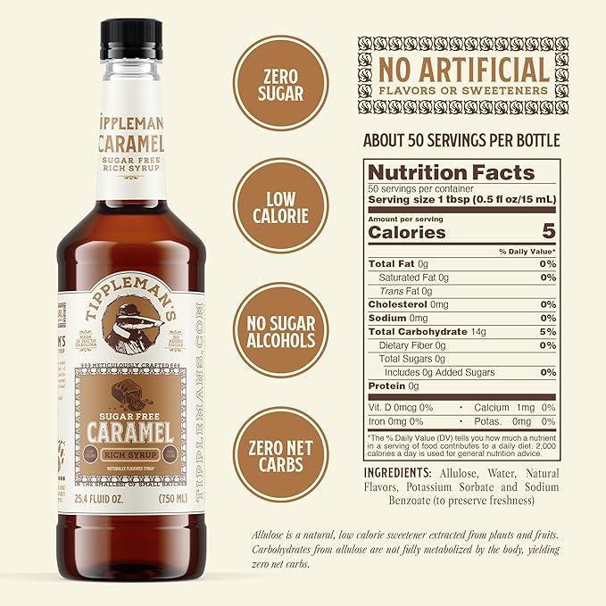 Tippleman's Sugar Free Caramel Coffee Syrup, Zero-Sugar, Great for Drinks, Lattes & Espressos – 750ml Bottle Fits Pump